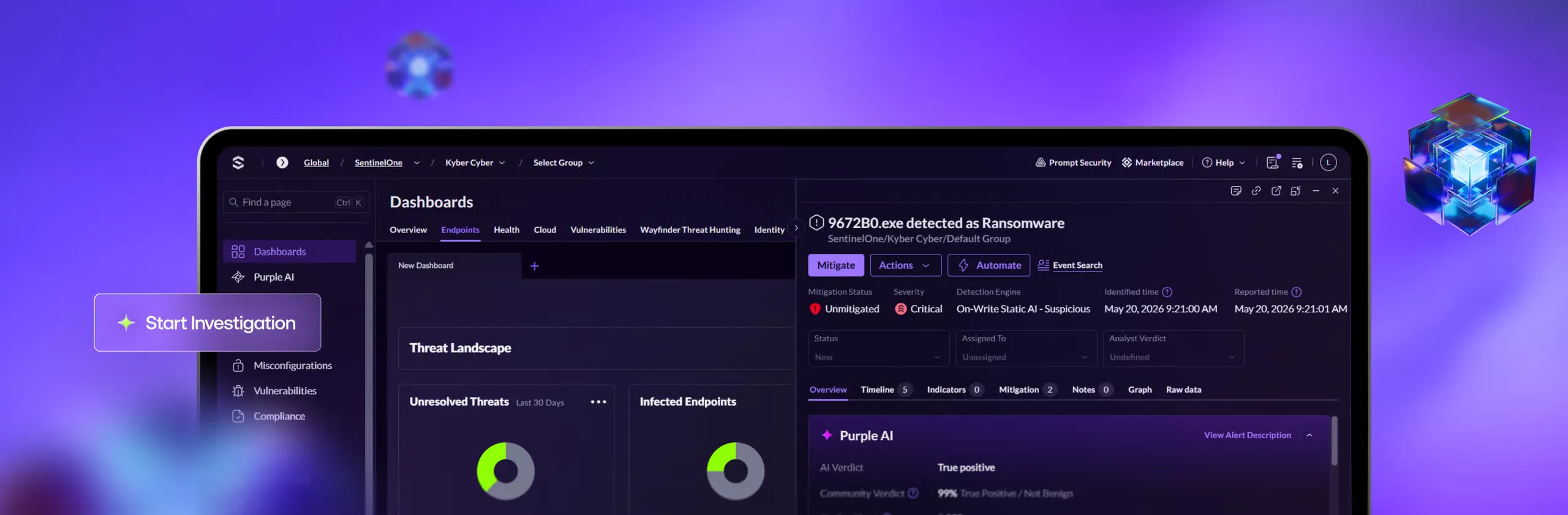 Consola de SentinelOne con alerta de ransomware y veredicto de Purple AI